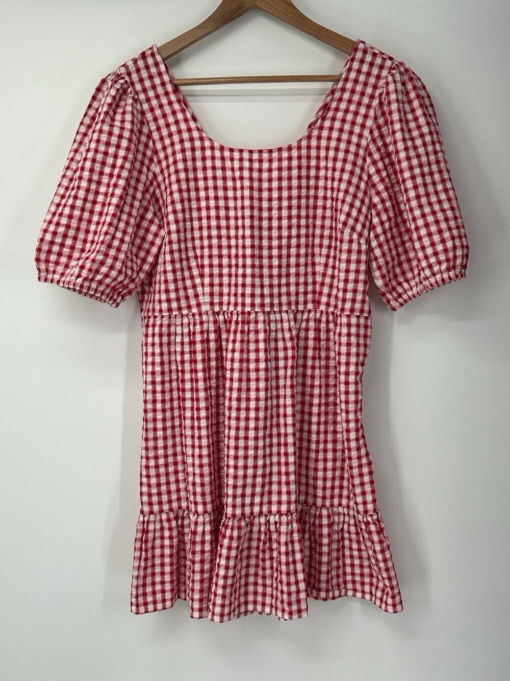 LOFT Womens Red White Gingham Puff Sleeve Tie Back Ruffle Mini Dress Size 12P
